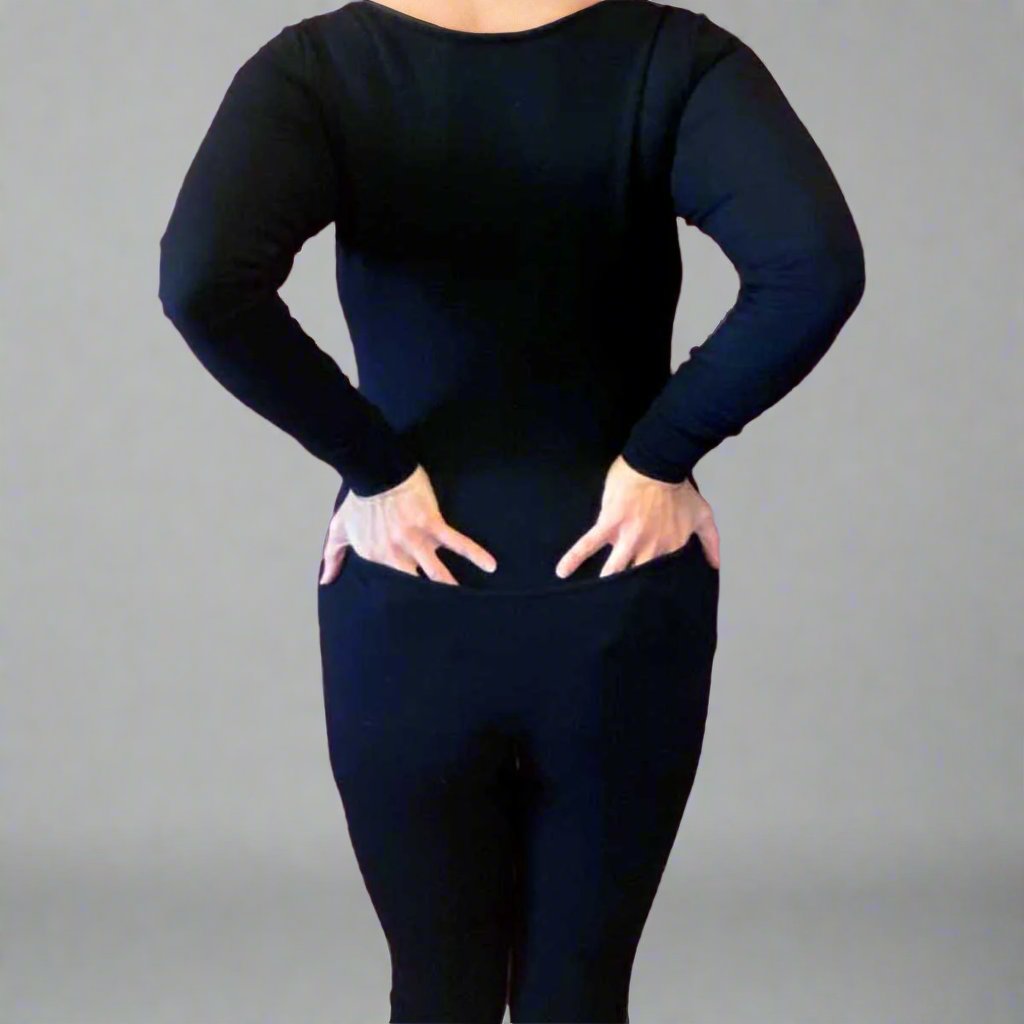 Black French Terry Soy Modal Long Sleeve Women's Union Suit - One Piece Long Johns | MoonEaze™